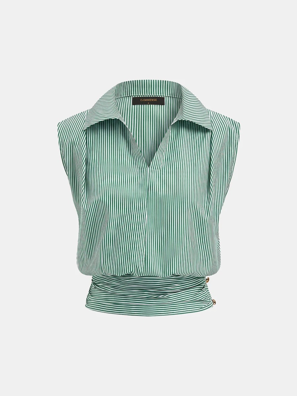 Commense Striped Collared Sleeveless Cinched Blouse
